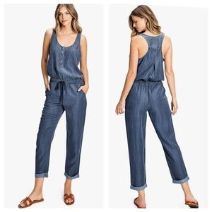 Love Stitch Women Midnight Chambray Slouchy Jumpsuit Sz S Waist Tie Pocket